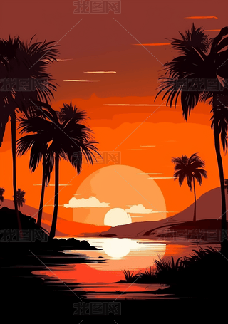 沙滩日落棕榈树绘画动态图风格色彩缤纷的迷人风景