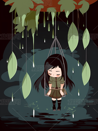 melting pots风格的动漫女孩带叶子头饰悬挂在恶劣天气中