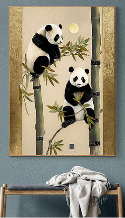 新中式月光下两只熊猫攀爬竹林装饰画