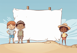 海滩上的卡通儿童手持空白牌插图