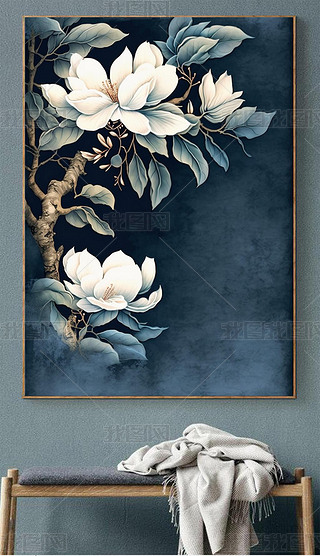 新中式手绘白玉兰花卉装饰画