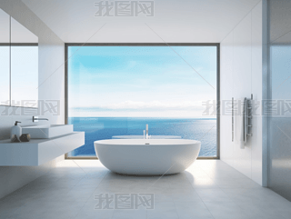 白色瓷砖面朝大海浴缸浴室泳池酒店室内效果图装修设计摄影图