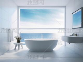 白色瓷砖面朝大海浴缸浴室泳池酒店室内效果图装修设计摄影图
