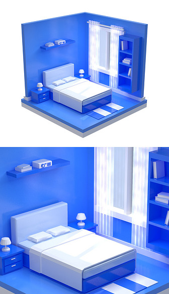 蓝色低边风C4D室内卧室场景搭建房子卡通3D模型