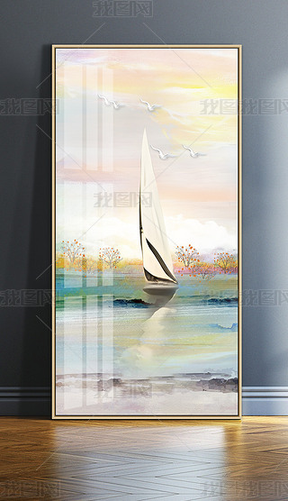 高清抽象海景手绘油画一帆风顺帆船玄关背景墙装饰画