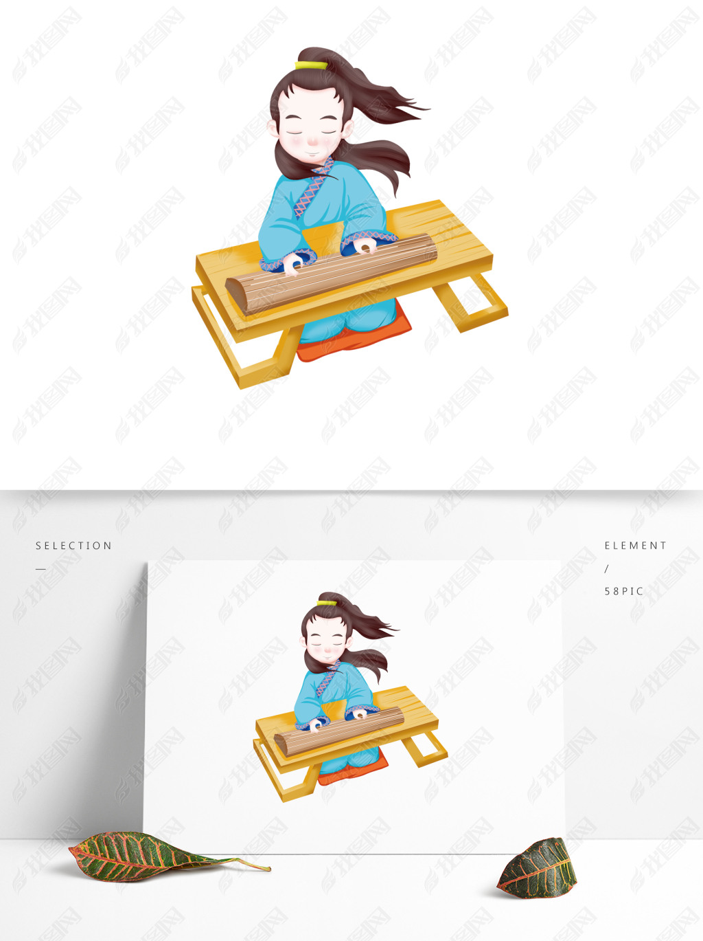 原创古代弹古筝的飘逸男子元素版权可商用