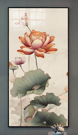 荷韵玄关玄关|中式手绘工笔水墨荷韵玄关客厅国画装饰画二