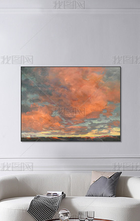 现代北欧绚丽粉色天空云彩风景抽象油画装饰画