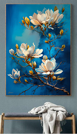 北南朝风格水彩画莫干山梅花蓝色背景上的木兰花枝