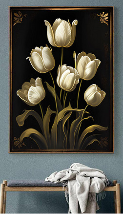 白色郁金香在Ernst Haas风格下的金底黑框画作中柔和的表情与高分辨率