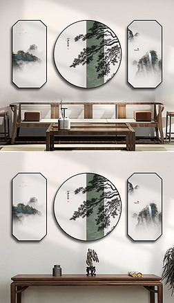 中式客厅三联组合沙发挂画茶室中国风装饰画