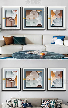现代简约抽象几何线条客厅沙发镀银三联装饰画