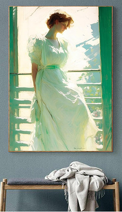 欧式薄荷绿白裙女子唯美油画肌理装饰画