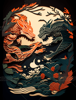 Chinese Mythology Dragon and Tiger Battle Paper Illustration廭ͼ