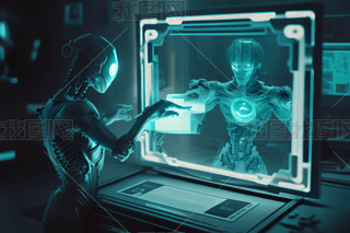 未来机器人触控平板光青色与深海蓝搭配的科技感照片高清摄影图