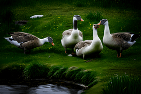 四只鹅在草地上觅食，Børge Bredenbekk 风格，Pentax K1000，超高清图片，Sigma 85mm f/14 DG HSM ART，动物和人类，湿漉漉