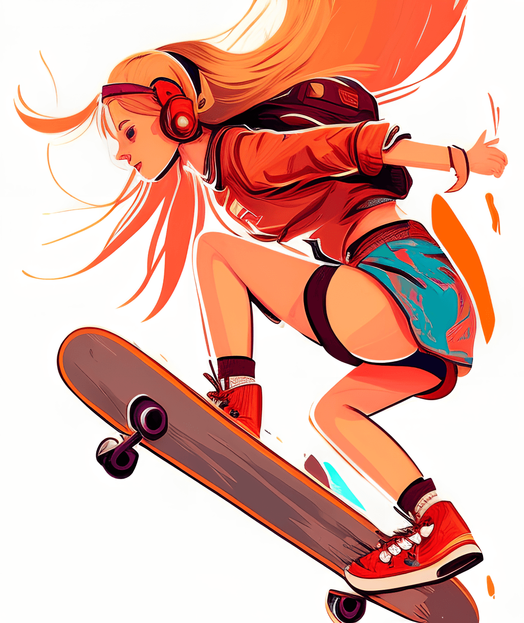 卡通女孩滑板插画充满动感的风格独特的画笔技法红橙主题色元素