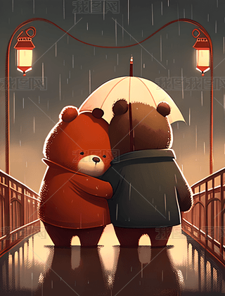 两只熊在红桥上拥抱头上带着伞可爱的角色插画元素