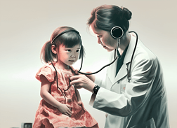 儿科医生使用听诊器检查小女孩的耳朵高质量插画高清摄影图