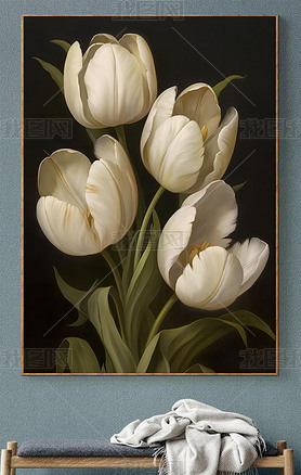 现代手绘写实唯美白色郁金香花卉装饰画