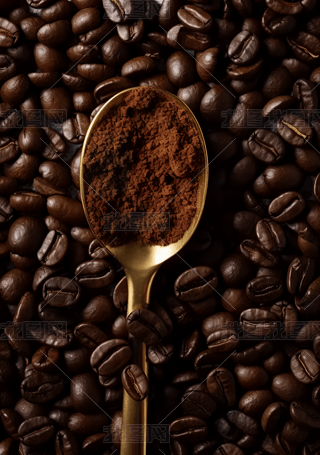 精选咖啡豆原料场景图实拍产品图勺子精品咖啡豆极简修饰风格真实细节高清呈现高清摄影图