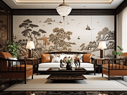 现代欧式水墨风格的东方家具客厅设计高清摄影图