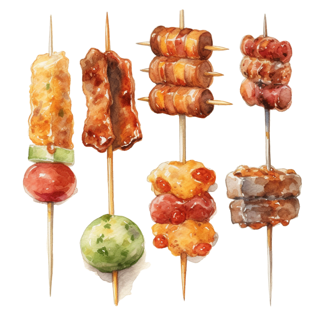 手绘炸串烧烤美食肉蔬菜烤串元素