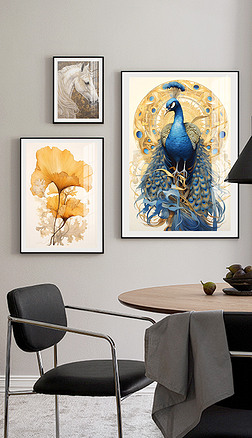 北欧现代淡金年华艺术手绘植物孔雀客厅组合装饰画