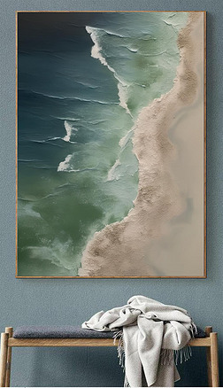 侘寂风手绘油画肌理海洋客厅装饰画