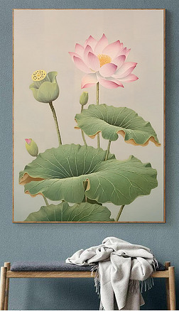 新中式手绘荷花肌理花卉客厅装饰画1