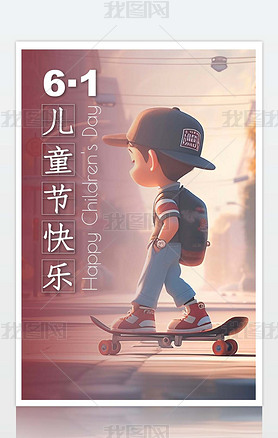61六一儿童节宣传海报踩滑板的小男孩.psd