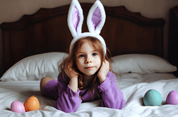 复活节快乐可爱的漂亮女孩卷发和兔子耳朵躺在床上与彩色的复活节彩蛋生活的照片摄影图片下载高清摄影图