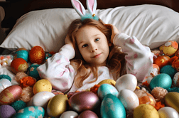 复活节快乐可爱的漂亮女孩卷发和兔子耳朵躺在床上与彩色的复活节彩蛋生活的照片摄影图片下载高清摄影图