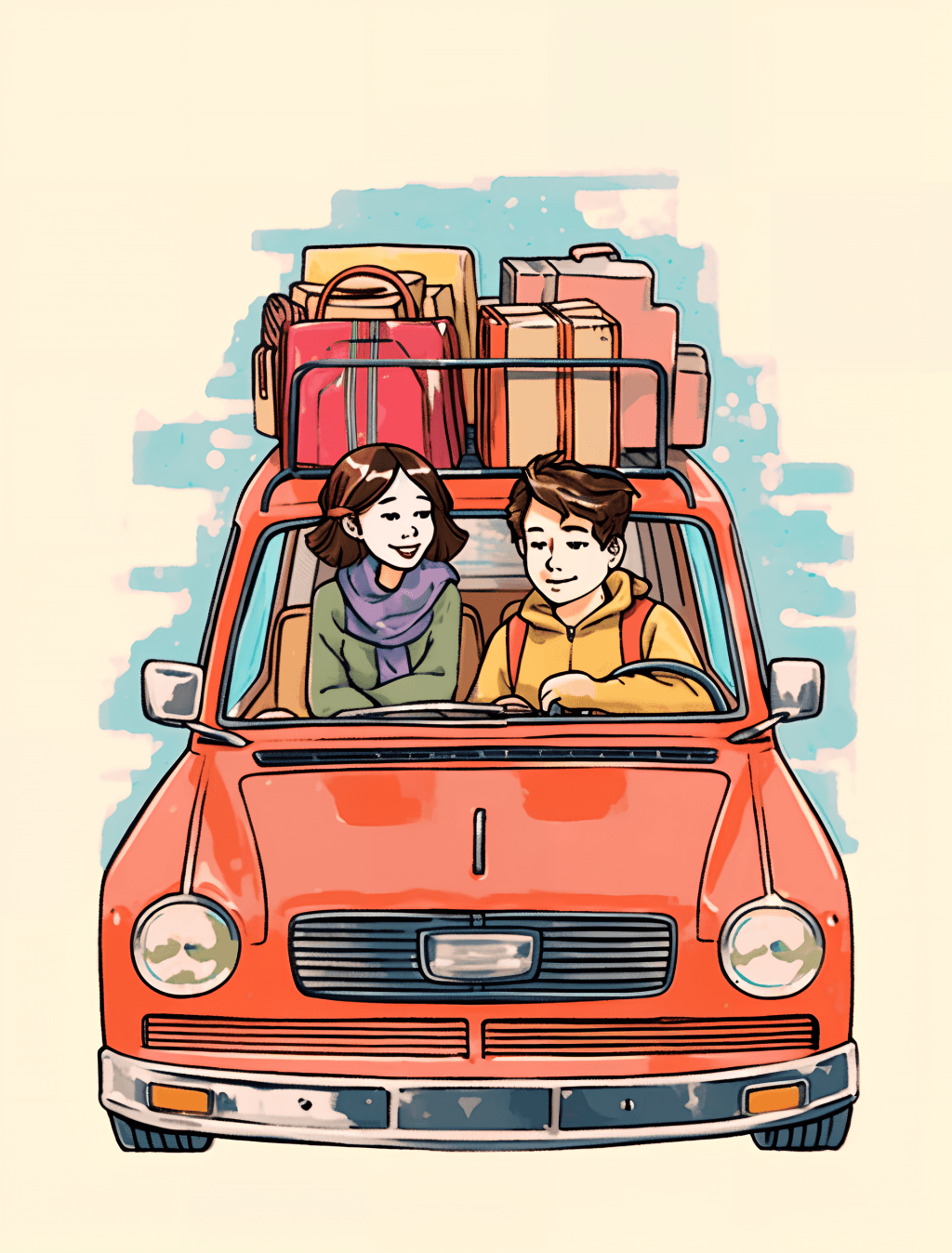 描边漫画风开车自驾游旅行人物卡通元素