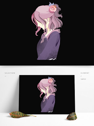 原创手绘卡通低头忧伤思考的紫发美女侧身像