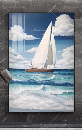 清新淡雅大海蓝天白云海滩沙滩客厅风景油画装饰画