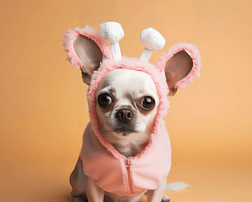 健康的棕色短毛吉娃娃狗穿着兔子耳朵的服装坐在粉红色的背景上看着镜头孤立宠物复活节服装概念图片下载高清摄影图