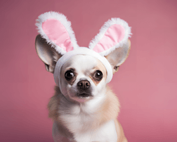 健康的棕色短毛吉娃娃狗穿着兔子耳朵的服装坐在粉红色的背景上看着镜头孤立宠物复活节服装概念图片下载高清摄影图