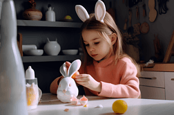 一个黑头发、兔耳朵、粉色连衣裙的小女孩在家里的厨房里画复活节彩蛋快乐复活节概念图片下载高清摄影图