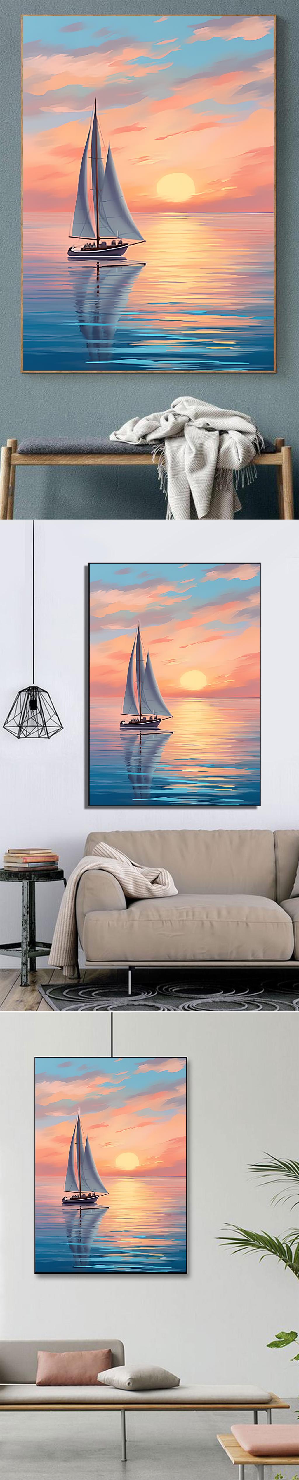 北欧现代沙滩海边帆船一帆风顺油画客厅装饰画1