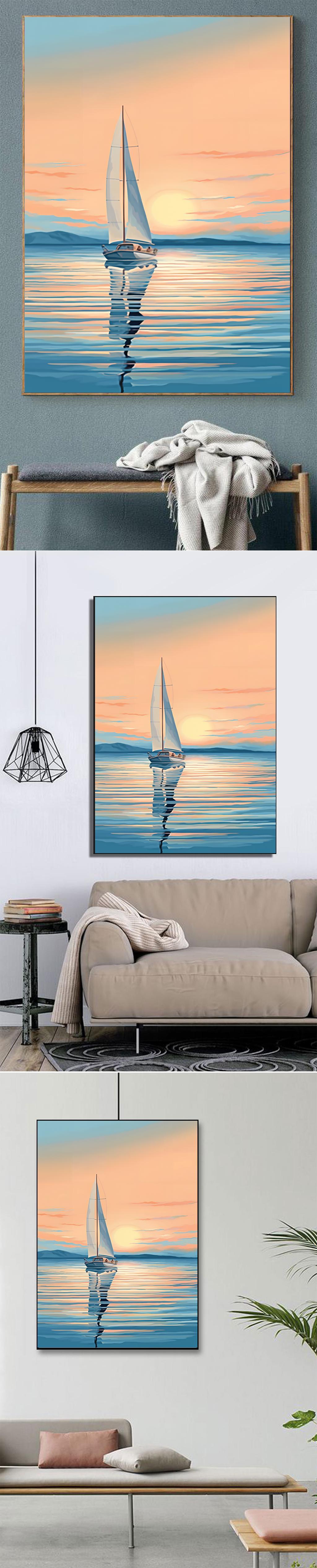 北欧现代沙滩海边帆船一帆风顺油画客厅装饰画1