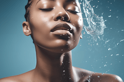 水清洁和淋浴与一个模型黑人妇女在工作室在蓝色背景上的水合作用或卫生放松健康和豪华的水泼在女性在浴室护肤图片下载高清摄影图