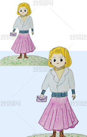 草地上金色短发女孩蓝色上衣卡通插画彩铅画免抠元素