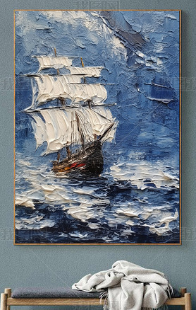 北欧现代大海帆船风景油画无框画玄关画