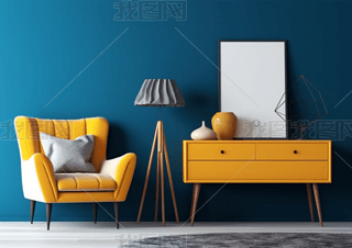 客厅蓝色墙壁上的空白垂直画框在现代室内模拟海报框架黄色扶手椅木制控制台3D渲染3D插图自由空间复制空间为您的设计图片购买元素
