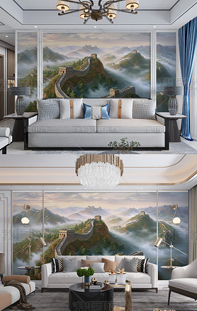 简约意境中国风新中式水墨楼阁山水画卧室