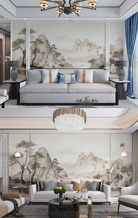 现代简约白色靠山山峰大理石电视沙发背景墙壁画