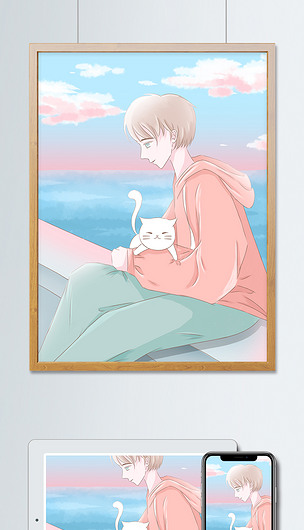 原创日漫风日常场景插画抱着小猫坐在桥边的男孩