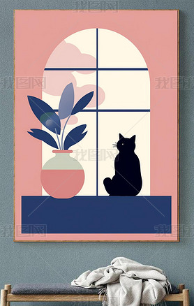 日式简约风卡通可爱萌宠猫咪窗台上的猫装饰画