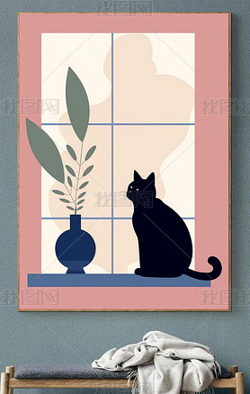日式简约风卡通可爱萌宠猫咪窗台上的猫装饰画